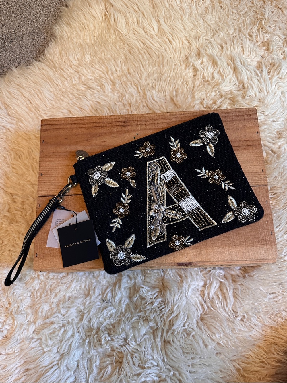 NWT America & Beyond Beaded Black and gold Wristlet Bag bead Embellished 'A'